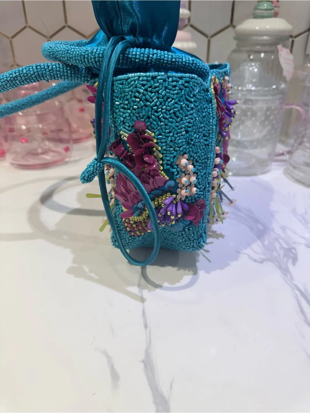 Handcrafted Turquoise Beaded Floral Drawstring Women’s Bag